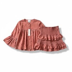 Chloe Oliver Celeste Two Piece Set Small NWT Coral Jacquard Ruffle Skirt Blouse